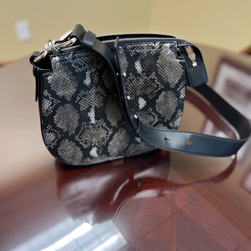 All Saints crossbody saddle bag, snake skin and black leather